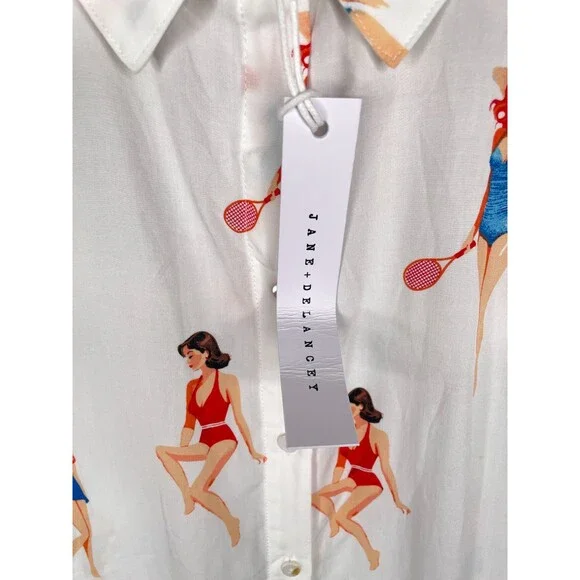 Jane & Delancey Shirt Womens XL Novelty Retro Beach Girls Bathing Suits NWT - Picture 2 of 15